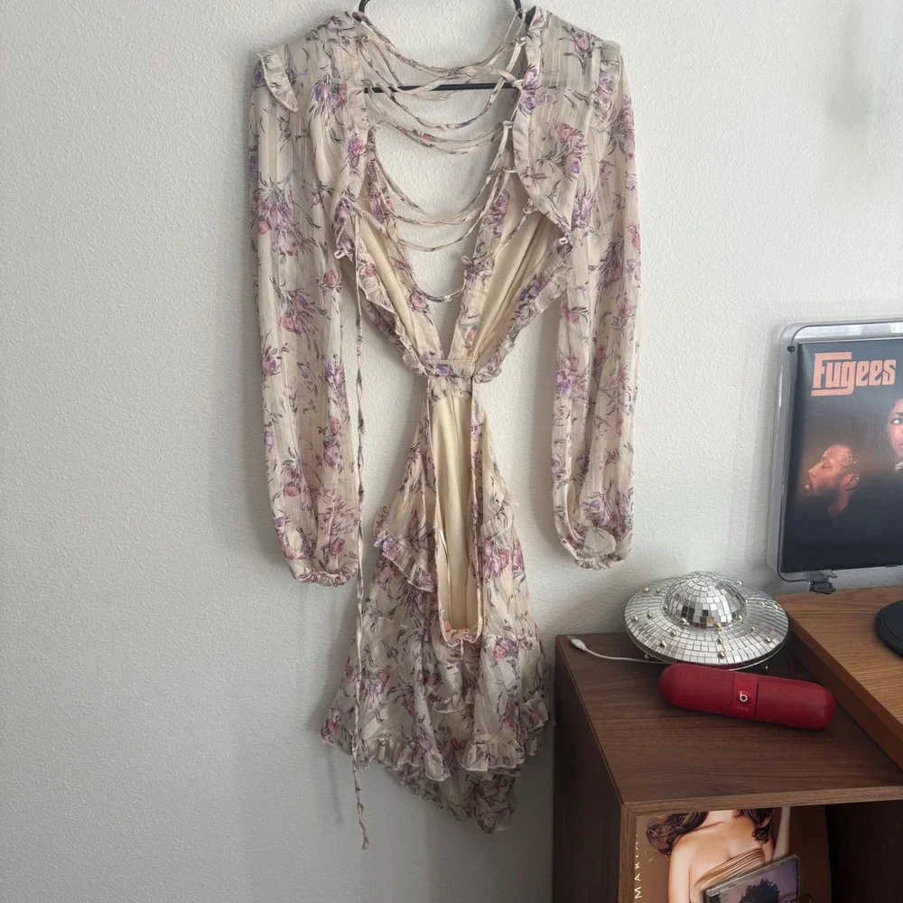 Luxxel Floral Cutout Romper Cream Pink Purple Metallic Ruffle Small LR7033 - Picture 8 of 10